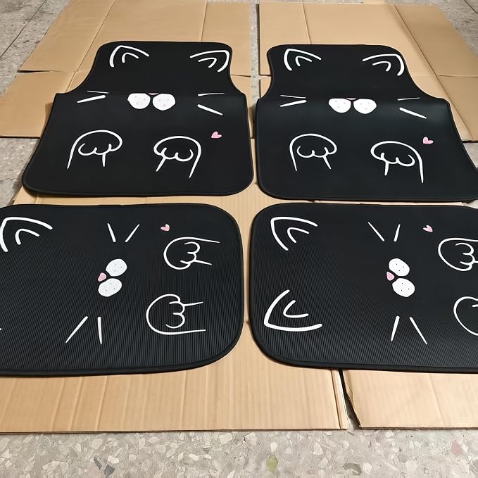 Universal Fit Car Floor Mats Set of 4Pcs, Cute Cartoon Cat All-Weather Front Rear Car Carpet Mats, Non-Slip Car Floor Mat Car Accessories for Automotive Trucks SUV Sedans Vans