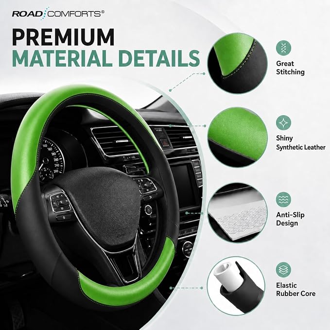 Road Comforts Steering Wheel Cover – Breathable Leather Steering Wheel Cover, Anti-Slip Grip, Universal Fit 14.5” to 15”, Heat & Cold Resistant for Cars, SUVs, and Trucks – Black & Shining Green