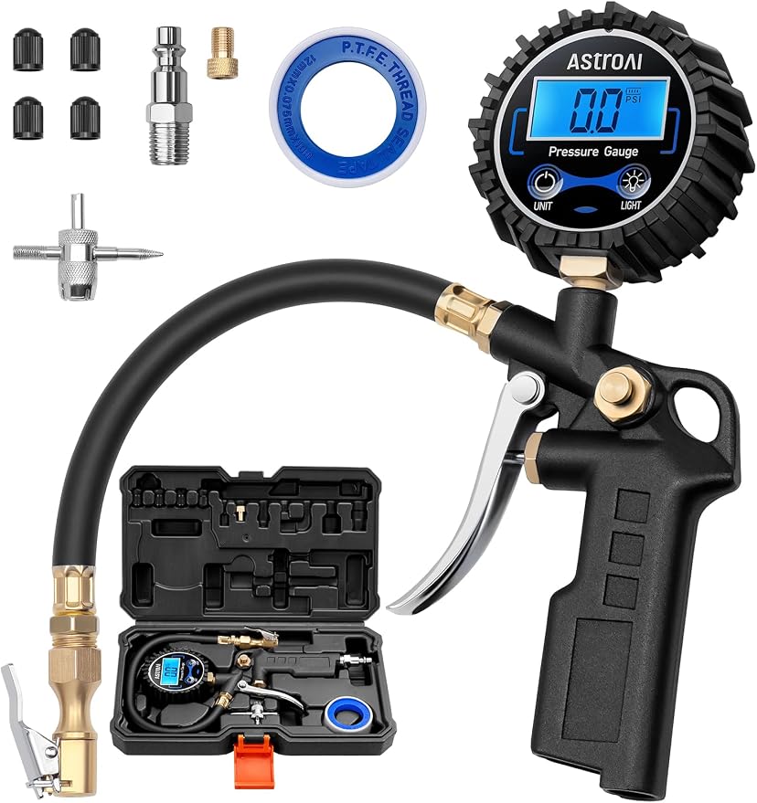 AstroAI Digital Tire Pressure Gauge with Inflator, 3-250 PSI Air Chuck & Compressor Accessories Heavy Duty with Quick Connect Coupler, 0.1 Display Resolution, 1Pack Standard, with case