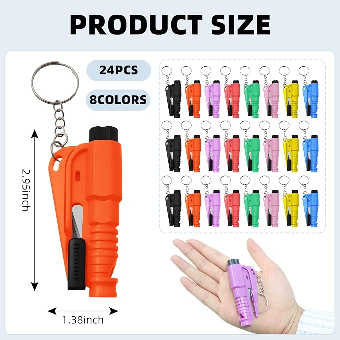 24 Pcs Car Window Breaker Key Chains, 3 in 1 Glass Breaker Seat Belt Cutter Survival Whistle, Portable Safety Emergency Escape Tools, Multifunctional Car Accessories for All Vehicles