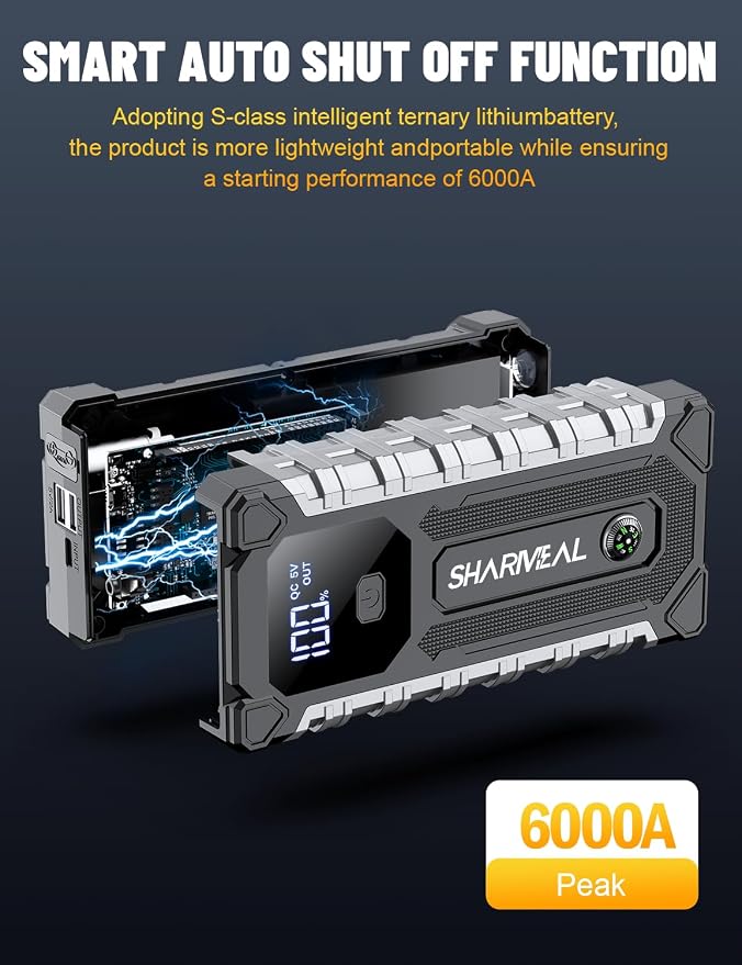 Sharmeal Car Jump Starter 6000A, Jump Starter Battery Pack for All Gas and 9.0L Diesel, 12V Portable Jump Box with LED Light