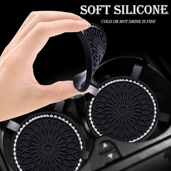 2PCS Bling Car Cup Holder Coasters, 2.75 Inch Silicone Anti-Slip Insert, Bling Shockproof Cup Mat for Women Girls, Universal Fit for Most Vehicles (Black & White)