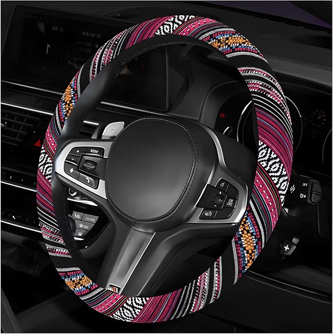 Boho Steering Wheel Cover, Anti-Slip Coarse Flax Cloth Ethnic Style Auto Wheel Cover, Breathable Boho Auto Steering Wheel Protector for Women Men, Car Accessories (Style J)