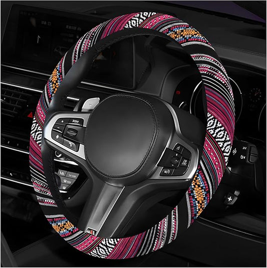 Boho Steering Wheel Cover, Anti-Slip Coarse Flax Cloth Ethnic Style Auto Wheel Cover, Breathable Boho Auto Steering Wheel Protector for Women Men, Car Accessories (Style J)
