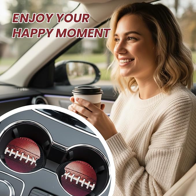 2 Pack Football Car Coasters for Men Women Car Cup Holder Coasters, 2.63 Inch Anti Slip Ceramic Absorbent Coaster with Cork Base and Finger Notch, Funny Car Accessories Interior