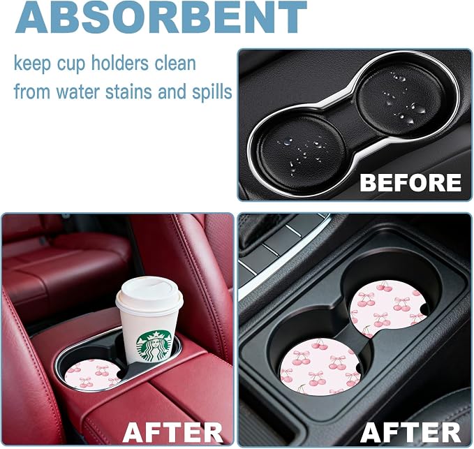 Car Cup Holder Coaster Set of 2, 2.56 in Ceramic Coasters, Scratch-Resistant Cork Backing, Finger Groove Design for Easy Placement, Cute Car Accessories Interior for Women (Pink Bow Cherry)