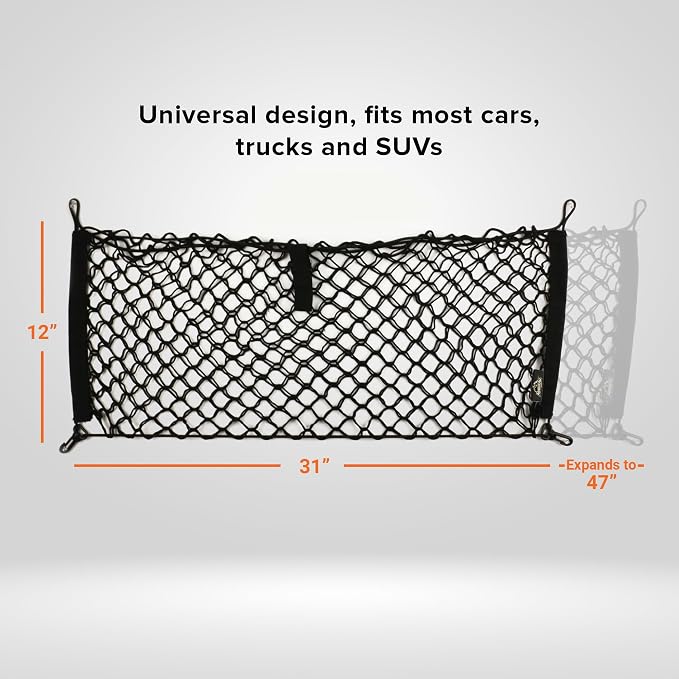 Armor All Cargo Net Organizer, 12” x 31” Inch Expandable up to 47” Inches, Super-Durable Nylon Material, Attaches to Headrest Post, Stretchable Net Car Trunk Organizer with Mesh Pocket, Universal Fit