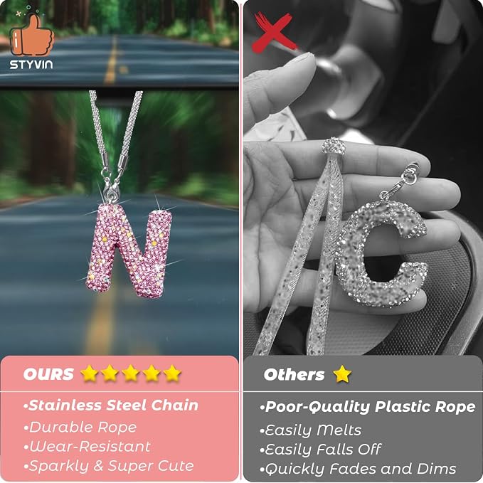 Bling Pink Car Accessories for Women Letter Charm, Rainbow Color Rear View Mirror Cute Crystal Pendant Car Decorations, Lucky Gifts Diamond Rhinestone Charm Letter N