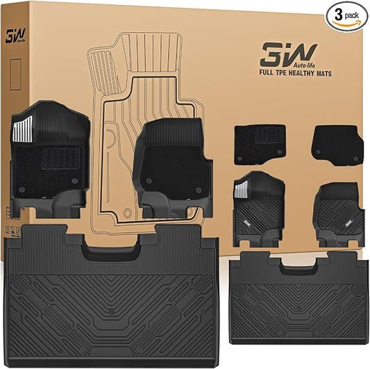 3W Floor Mats (with Metal Pedals) & Carpets for Ford F-150 2015-2026 & F150 Lightning 2022-2025 SuperCrew (w/o Fold Flat Storage), TPE All Weather Front & Rear 3PCS | Heavy Duty, Easy Clean - Black
