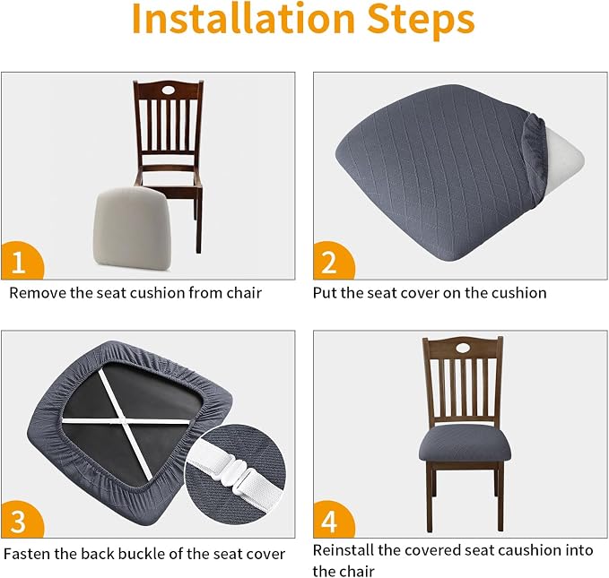 Fuloon Stretch Chair Seat Covers 4 PCS, Removable Washable Dining Chair Covers Anti-Dust Dining Room Seat Cushion Slipcovers (4, Gray)