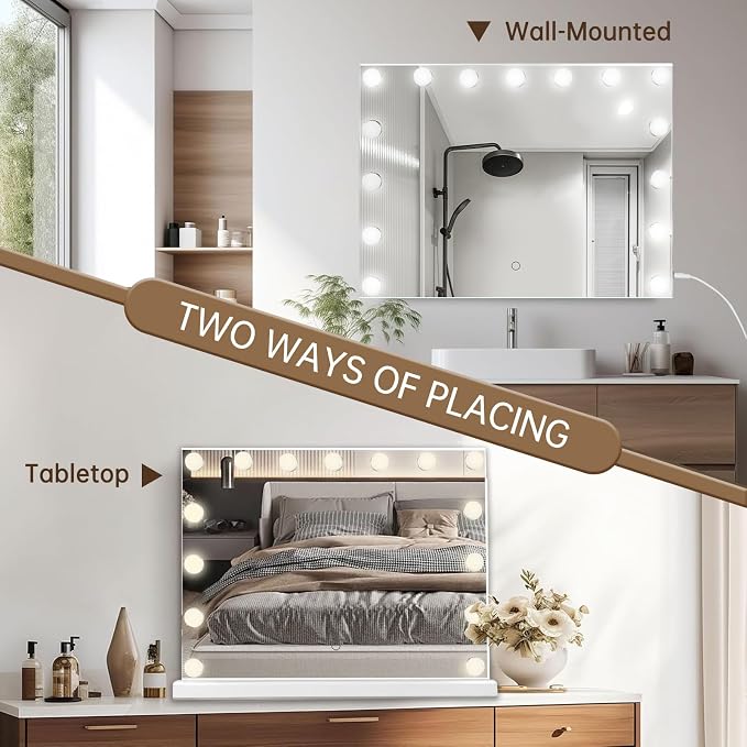 Hollywood Vanity Mirror with Lights, 23"x18" Lighted Makeup Mirror with 10x Magnification for Desk/Wall Mount, 15 Led Bulbs, 3 Lighting Modes for College Dorm, Bedroom, Dressing Room