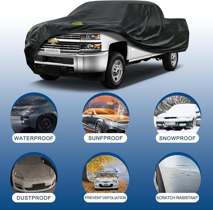 KouKou Truck Cover Waterproof All Weather, 7 Layers Heavy Duty Pickup Cover Outdoor Length from 229 to 242 inches,Universal Fit Truck Ford 150,Ram 1500,Chevy Silverado,Toyota Tundra etc.