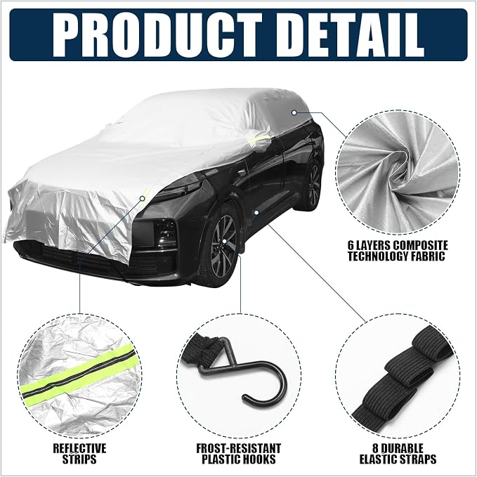Canchiing Silver Car Half Car Cover Auto Sun Heat and UV Rays Blocker Foldable Automotive Front Windshield Sunshade Protector Easy Installation with Straps Fits Cars Sedan SUV(198" X 59",SUV)