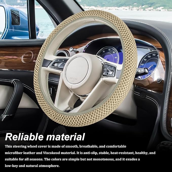 Breathable Elastic Steering Wheel Cover,15 Inch Stretch Steering Wheel Protector,Microfiber Ice Silk Anti-Slip Car Wheel Cover,Odorless Comfort Grip Interior Accessory for Cars SUV Truck（Beige）