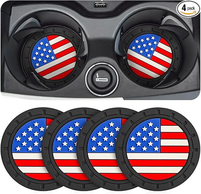 AUCELI 4 Pack Car Cup Holder Coasters, Colored American Flag US Flag Insert Car Cup Coaster, 2.75 Inch Anti Slip Shockproof Embedded Drink Mat, Vehicle Interior Decor Accessories