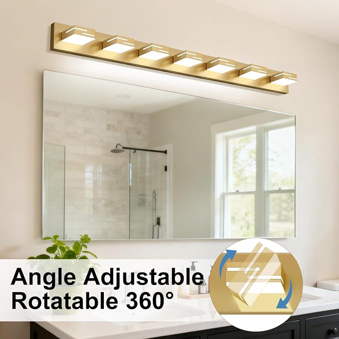 LED Modern Bathroom Vanity Light Fixtures, Dimmable Gold Vanity Lights for Bathroom Lighting Fixtures Over Mirror, with 360° Rotatable Heads 7-Light 48-inch (Cool White 6000K)