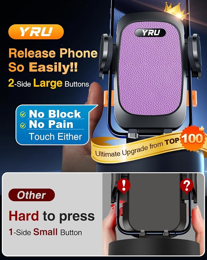 YRU True Military-Grade [360° Rotation Suction] 2026 Ultimate Car Phone Holder Mount【90+LBS Safest Strongest & Patent Certs】 Dash Windshield for iPhone 17 16 Pro Max Speakerphones, Purple