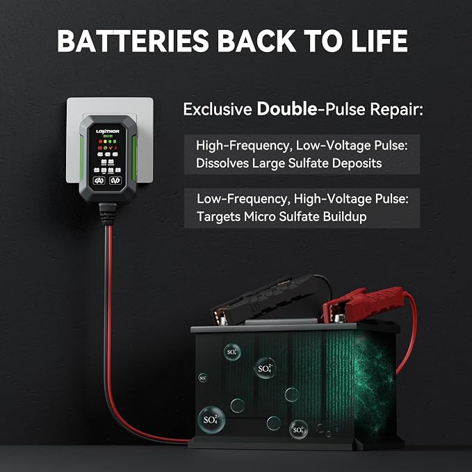 LOKITHOR BC2 Car Battery Charger 2A/1A/750mA Adjustable Currents, 6V/12V Automatic Battery Maintainer, Trickle Charger & Desulfator with Overcharge Protection, Double Pulse Repair, Forced Charging