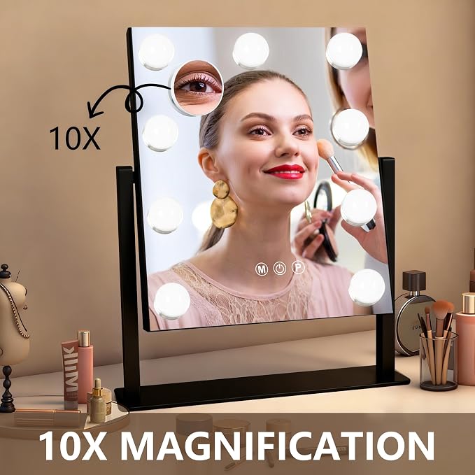 Ratsamee Black Hollywood Vanity Mirror with Lights, 9 Dimmable Bulbs, 3 Color Lights,Make Up Lighted Mirror, 10x Magnification 360°Rotation(12" x 14")