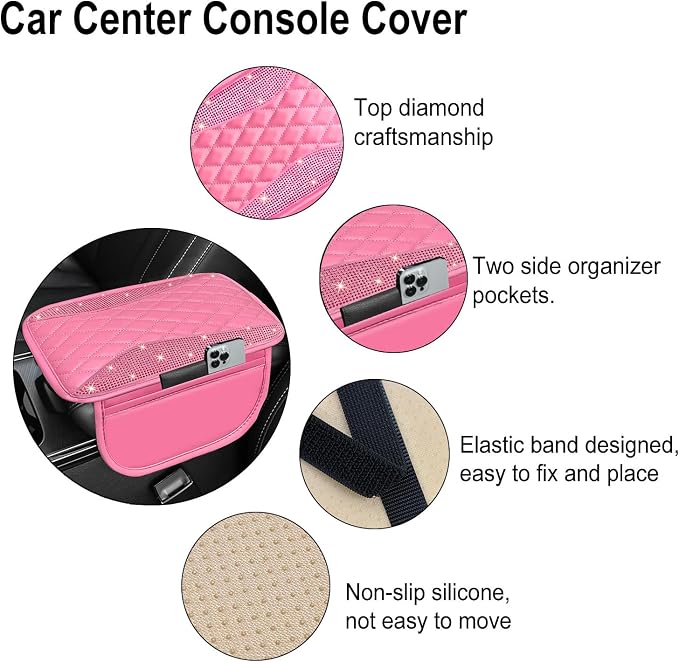 NBTEPEM Bling Pink Car Center Console Cover, Leather Middle Console Cover with 2 Storage Bags, Universal Arm Rest Cover Protector, Bling Car Accessories Interior Fit for Most Vehicles, Pink Leather