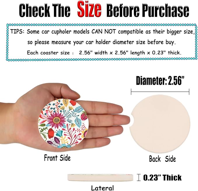 Sunflower Small 2.56" Absorbent Auto Coasters 2 Pack, Ceramic Car Accessories, Absorb Spills to Keep Cupholders Clean