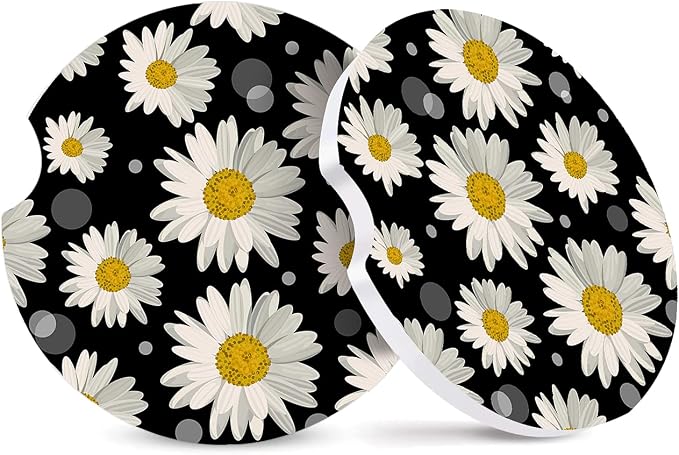 2 Pack Absorbent Car Coasters for Cup Holders,White Daisy Design Ceramic Coasters with Cork Back and Finger Slot,Cupholder Accessories to Keep Your Car Cup Holders Clean and Dry 2.56"
