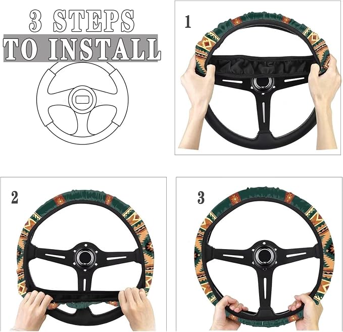 Wanyint Car Steering Wheel Cover for Women Men, 15 Inch Soft Neoprene Stretch Anti-Slip Washable Car Accessories Universal Fit for Sedans SUV, Southwest Aztec Brown Green