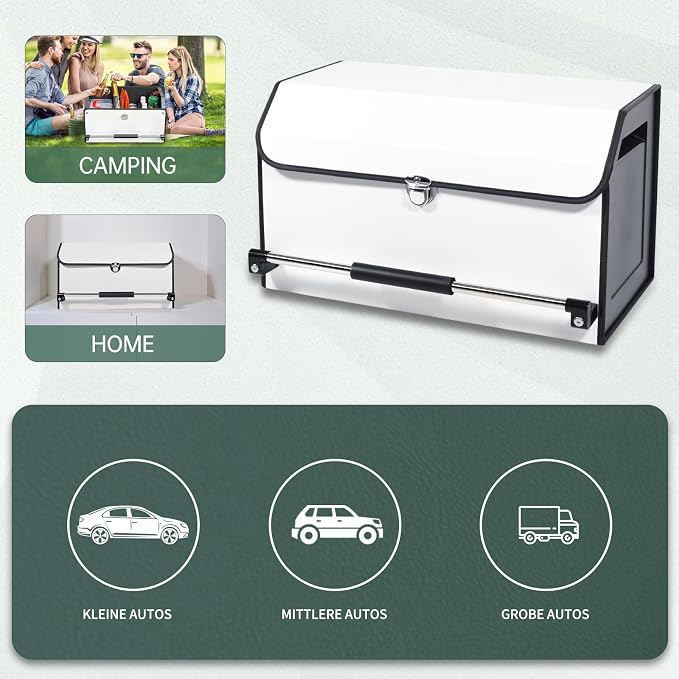 Trunk Organizer for Car with Lid Leather Trunk Organizer Car Organizer | SUV Trunk Organizer with Push-pull Handle Car Trunk Storage Organizer for Minivan, Truck, Sedan (White, 20.47x11.42x12.2in)