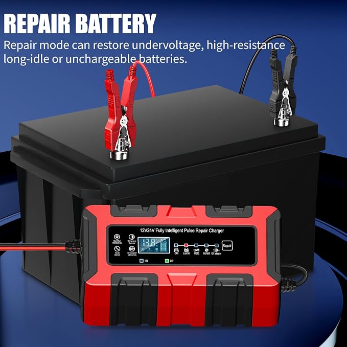 12V/24V 10Amp Smart Car Battery Charger, Automatic Maintainer & Trickle Charger, Desulfator, Temp Compensation, Overcharge Protection for Automobile Truck Motorcycle Boat LiFePO4 AGM Gel STD Batteries