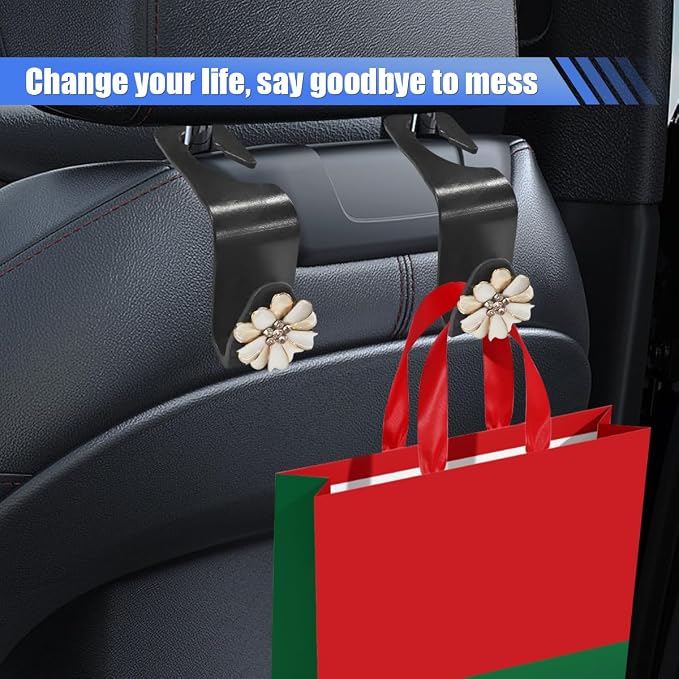 Craedli 2PCS Bling Car Seat Headrest Hook, Cute Rhinestone Flower Seat Back Storage Organizer Hanger Car Purse and Bag Hooks Holder, Universal Interior Accessories for Handbag Grocery Bag Coat (White)