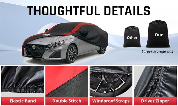 Altima Car Cover Waterproof All Weather with Red Strip Design, Custom Fit for Nissan Altima 2002–2025, Altima Accessory with Door Zipper & Windproof Straps