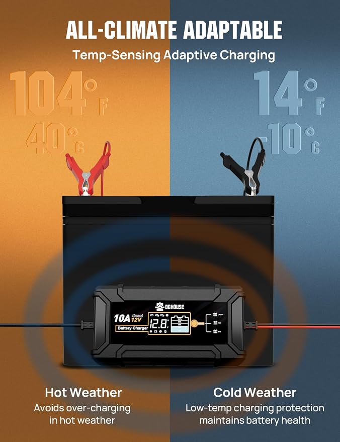 DC House 12V 10A LiFePO4 Battery Charger, Smart Trickle Charger Fully Automatic Maintainer Desulfator for Lead-Acid & LiFePO4 Batteries Car Motorcycle Truck Lawn Mower