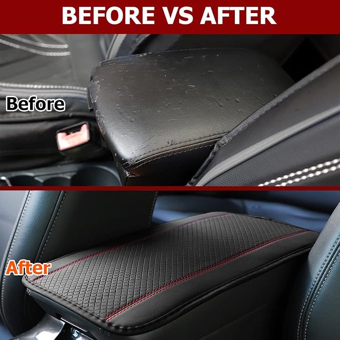 8sanlione Car Armrest Storage Box Mat, Fiber Leather Car Center Console Cover, Car Armrest Seat Box Cover Accessories Interior Protection for Most Vehicle, SUV, Truck, Car (Black/Red)
