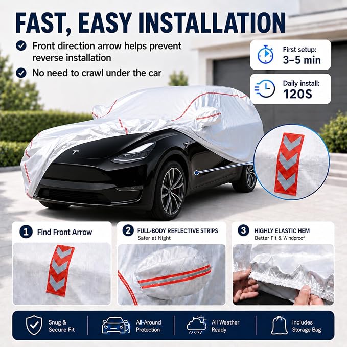 Waterproof All Weather Heavy Duty Vehicle Cover, 360° Underbody Wrap Windproof Design, Quick Install Outdoor Cover,（for Tesla Model Y 2020-2025）