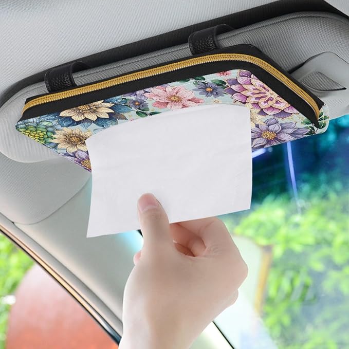 Boho Flower Automotive Visor Tissue Holder PU Leather Tissues Box Cover for Car Tissue Box for Sun Visor & Back Seat