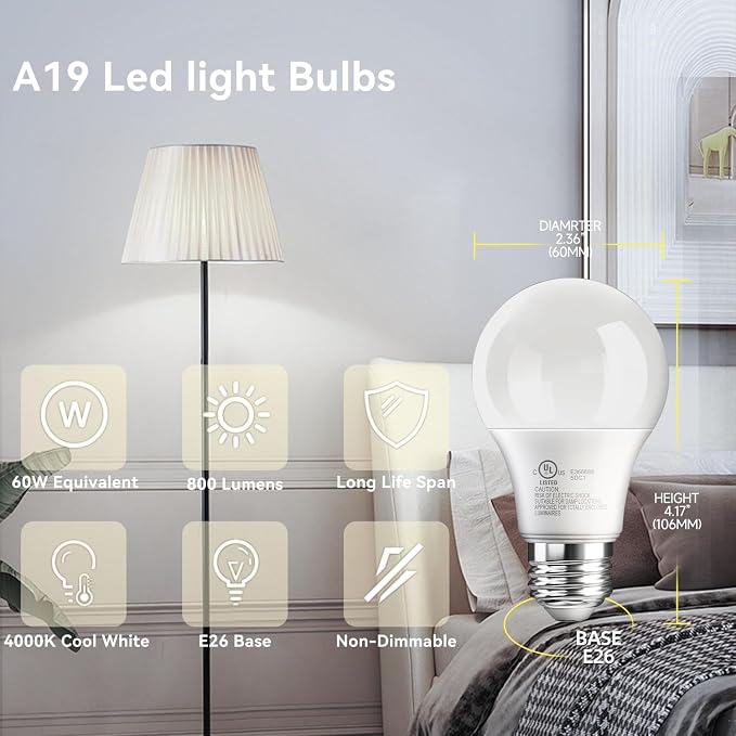 TJOY 6 Pack A19 LED Light Bulbs, 60 Watt Equivalent LED Bulb, Efficient 9W, Cool White 4000K, E26 Standard Base, Neutral White Lightbulb, Non Dimmable, Energy Saving, 800LM, 80 CRI, 120V, UL Listed