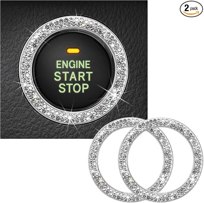 Kewucn 2 PCS Bling Crystal Double Rhinestone Car Engine Start Decoration Ring, Sparkling Push Start Button Sticker, Key Ignition & Knob Ring Decoration, Bling Car Interior Accessory(White)
