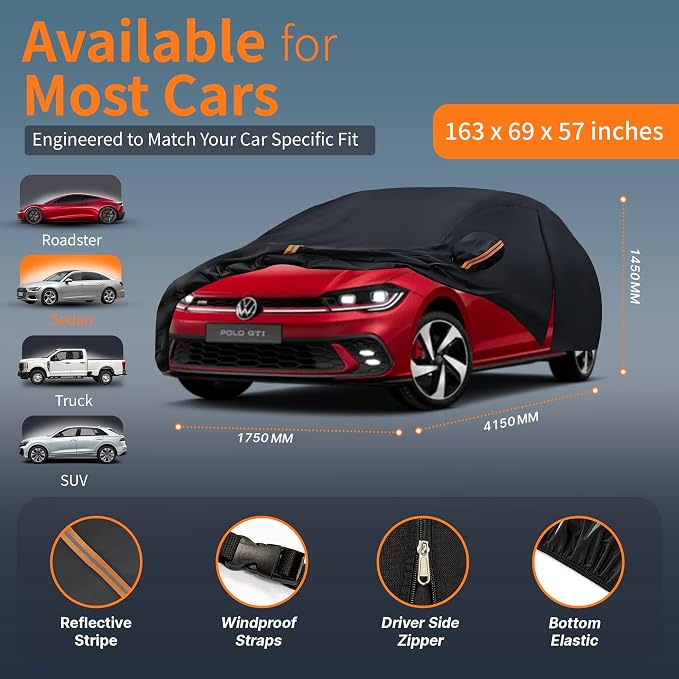 Hatchback Cover Outdoor Car Covers(Length up to 163 inch) Universal Fit for Ford Fiesta, Renault Clio,Toyota Yaris,Audi A1 etc Size H0(See Size Chart)