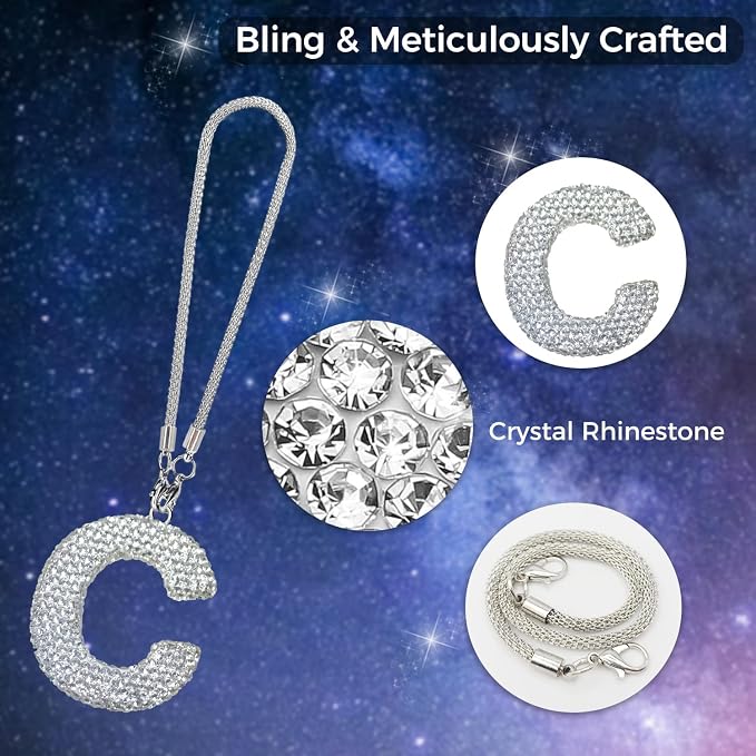 Bling Car Accessories for Women Letter Charm, Rear View Mirror Ornament Cute Hanging Crystal Pendant Girl Car Decorations, Lucky Diamond Rhinestone Girly Charm Interior (White C)
