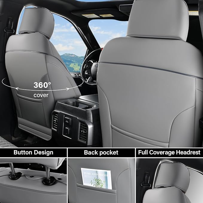 Coverado Chevy Chevrolet Silverado GMC Sierra Seat Covers, Custom Fit for 2007-2026 1500, 2015-2026 2500HD 3500HD Crew Double Extended Cab Truck, Faux Waterproof Leather Seat Covers (Front, Gray)