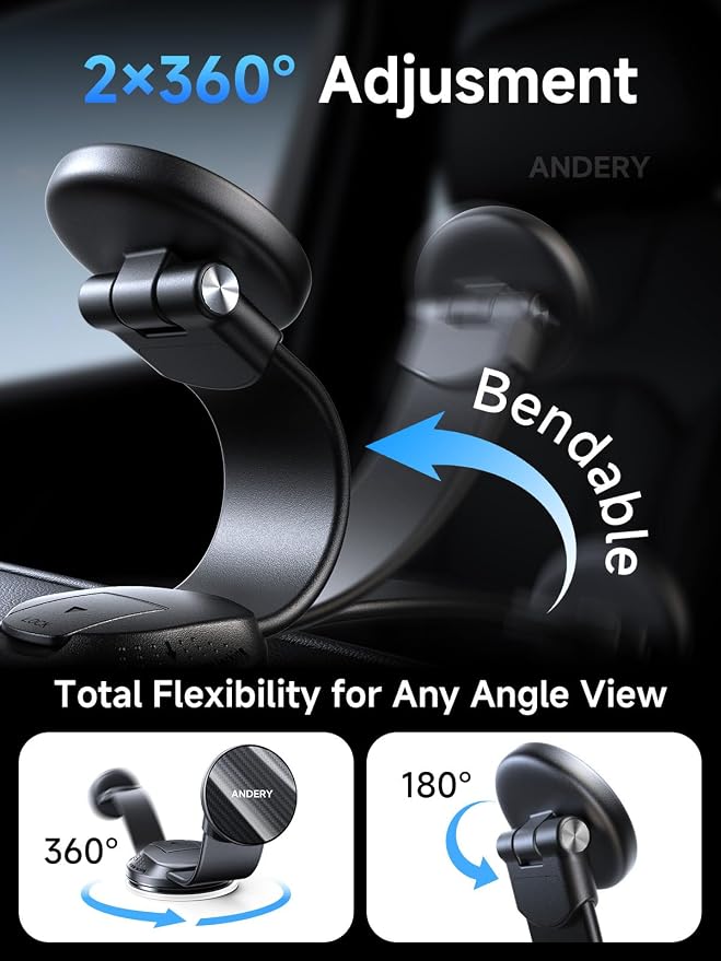 ANDERY Only for iPhone Magsafe Car Mount [360° Adjustable Memory Alloy Arm | 2400gf Strong Magnetic Power] Bendable Phone Holders for Your Car, Car Phone Holder with Dashboard Pad, for iPhone 17-12