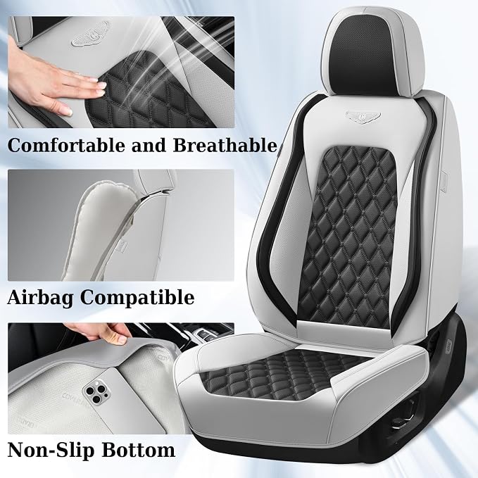 Coverado Car Seat Covers Front Seats, Luxury Stain-Resistant Waterproof Faux Leather Full Set with Rear Protectors, Elegant Easy-Clean Automotive Interior – WhiteBlack