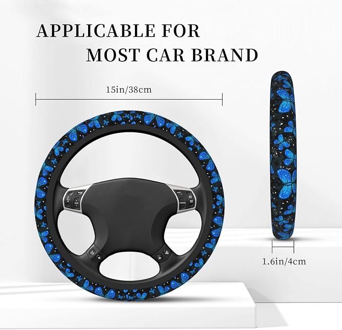 Blue Butterfly Black Steering Wheel Cover for Women Men Girls Car Accessories Decor Anti-Slip Neoprene Auto Steering Wheel Covers Protector Universal 15 Inch