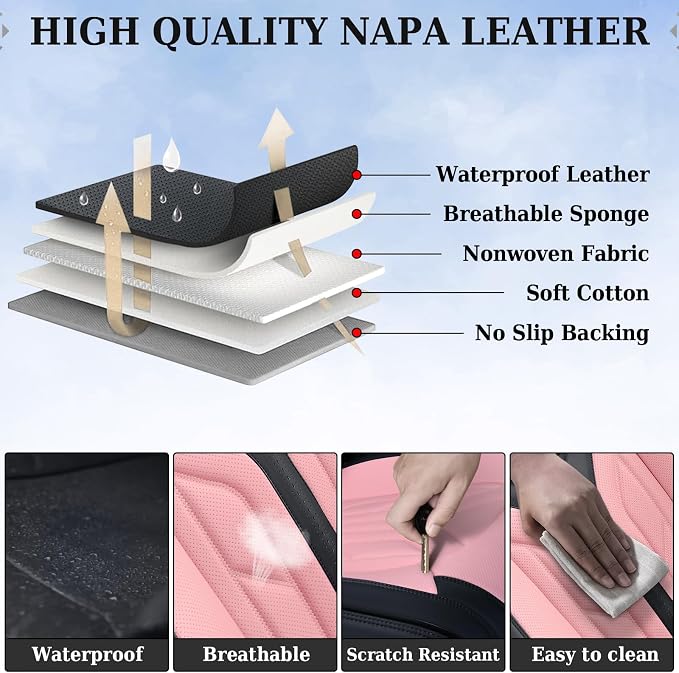 Coverado Front Seat Covers, Car Seat Covers Front Seats, Leather Seat Covers for Cars, Automotive Seat Covers Car Seat Protector Car Accessories Fit for Most Sedans SUV Pick-up Truck(Black&Pink)