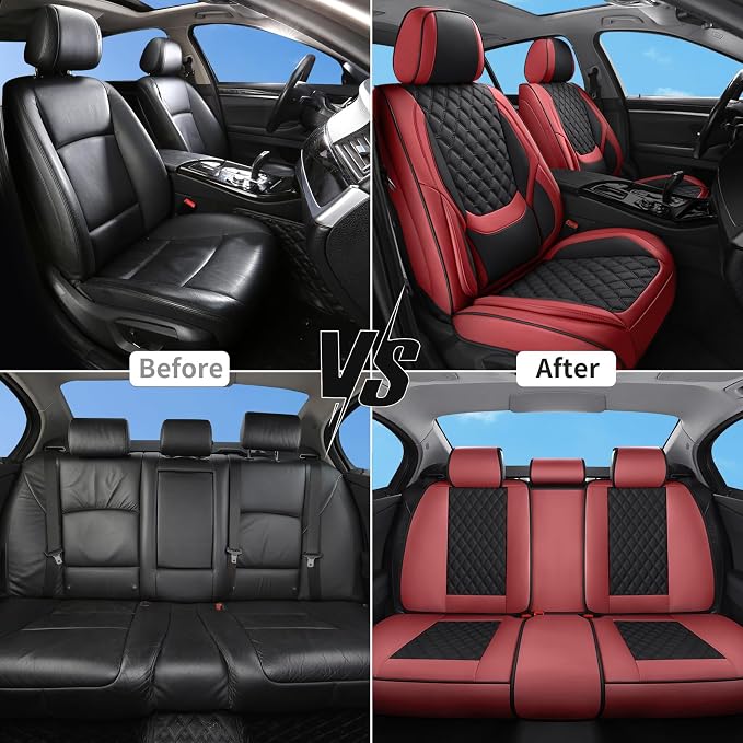 Car Seat Covers Full Set,5 Seat Leather Seat Covers for Cars,Front Seats and Back Seat Cover,Waterproof Car Seat Cushion Protectors,Universal Fit for Most Cars SUV Trucks(Black&Red, Full Set)