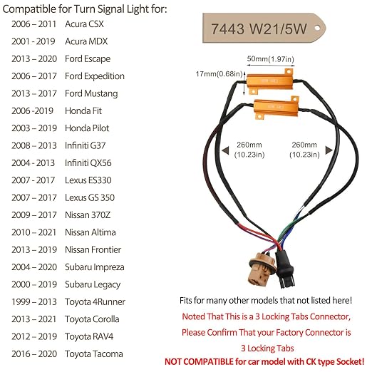 O-NEX LED Resistor Kit 7443 Turn Signal Bulb Relay Harness Adapter Anti Flicker Error Decoder Warning Canceller