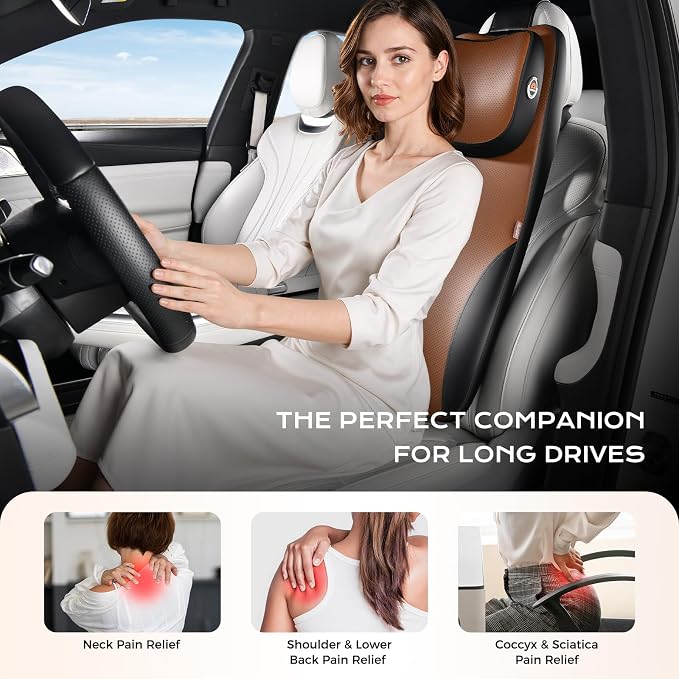 Coverado Neck and Lumbar Support for Car, Ergonomic Memory Foam& Breathable Leather Car Back Support, Adjustable-Height Velcro Design Car Neck Pillow, Car Cushion Neck Back Pain Relief, Black&Brown