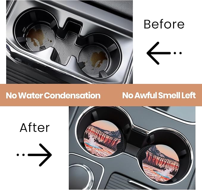 2 Pack Car Coasters for Cup Holders, Absorbent Ceramic Stone Cup Coaster with Non-slip Cork Base and Finger Notch, Yellowstone Volcano Landscape Auto Interior Accessories,Universal Fit 2.59 In