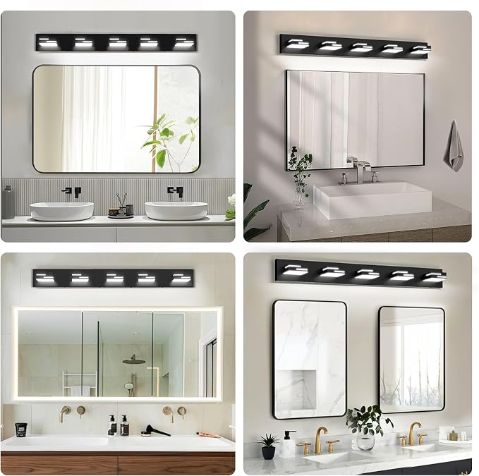 LED Modern Bathroom Vanity Light Fixtures, Dimmable Matte Black Vanity Lights for Bathroom Lighting Fixtures Over Mirror, with 360° Rotatable Acrylic Heads 5-Light 36-inch (Cool White 6000K)