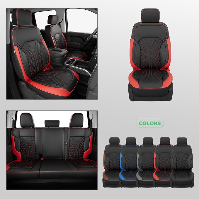 Truck Leather Seat Covers for Chevy Silverado Gmc Sierra 2019-2026 | Crew Cab 1500/2500/3500HD, Bucket Seat, NO Rear Seatback Storage, Scratch-resistant, Easy-clean, Pickup Protector, Full Set